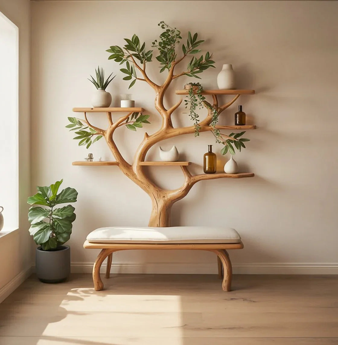 wooden tree-shaped wall shelf with green plants and decorative vases above cushioned bench