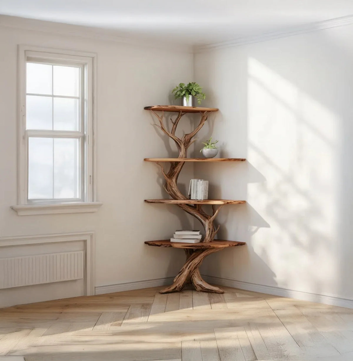 Live edge wood tree bookshelf with plants and books in a sunlit corner of a modern room.