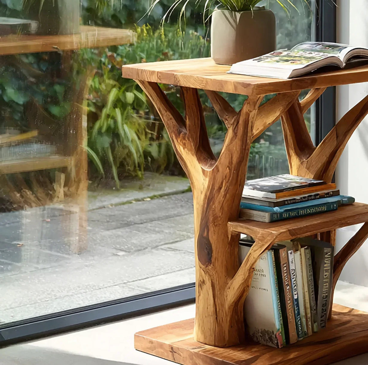 Solid wood tree bookshelf with books and a plant, placed by a window in natural light
