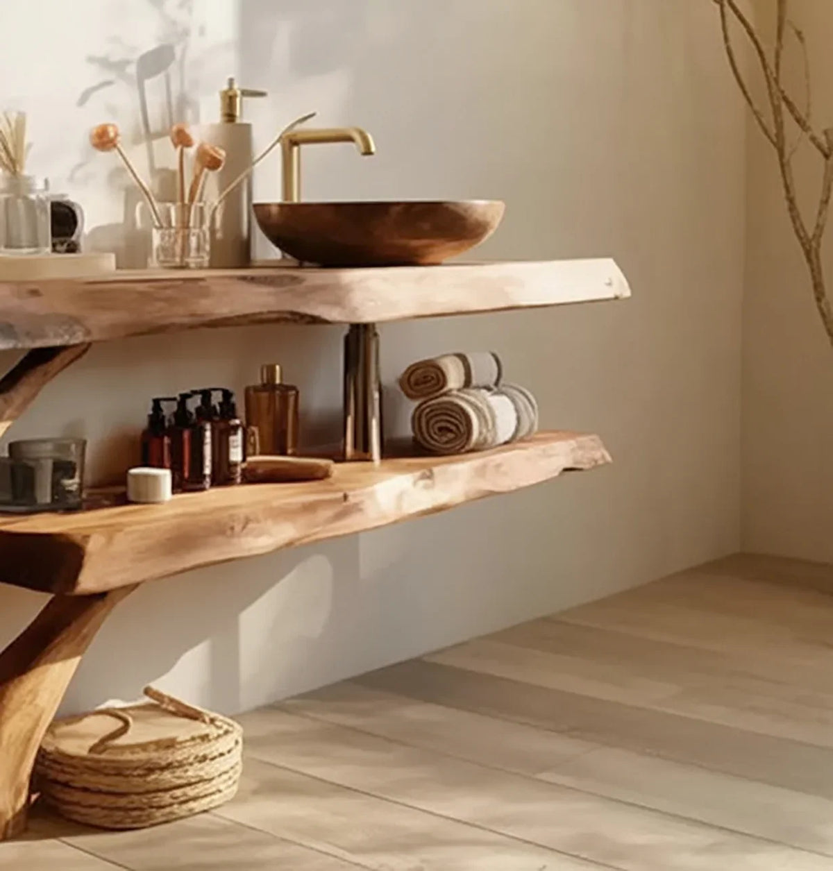 Live edge wood bathroom vanity with vessel sink, gold faucet, rolled towels and bath accessories