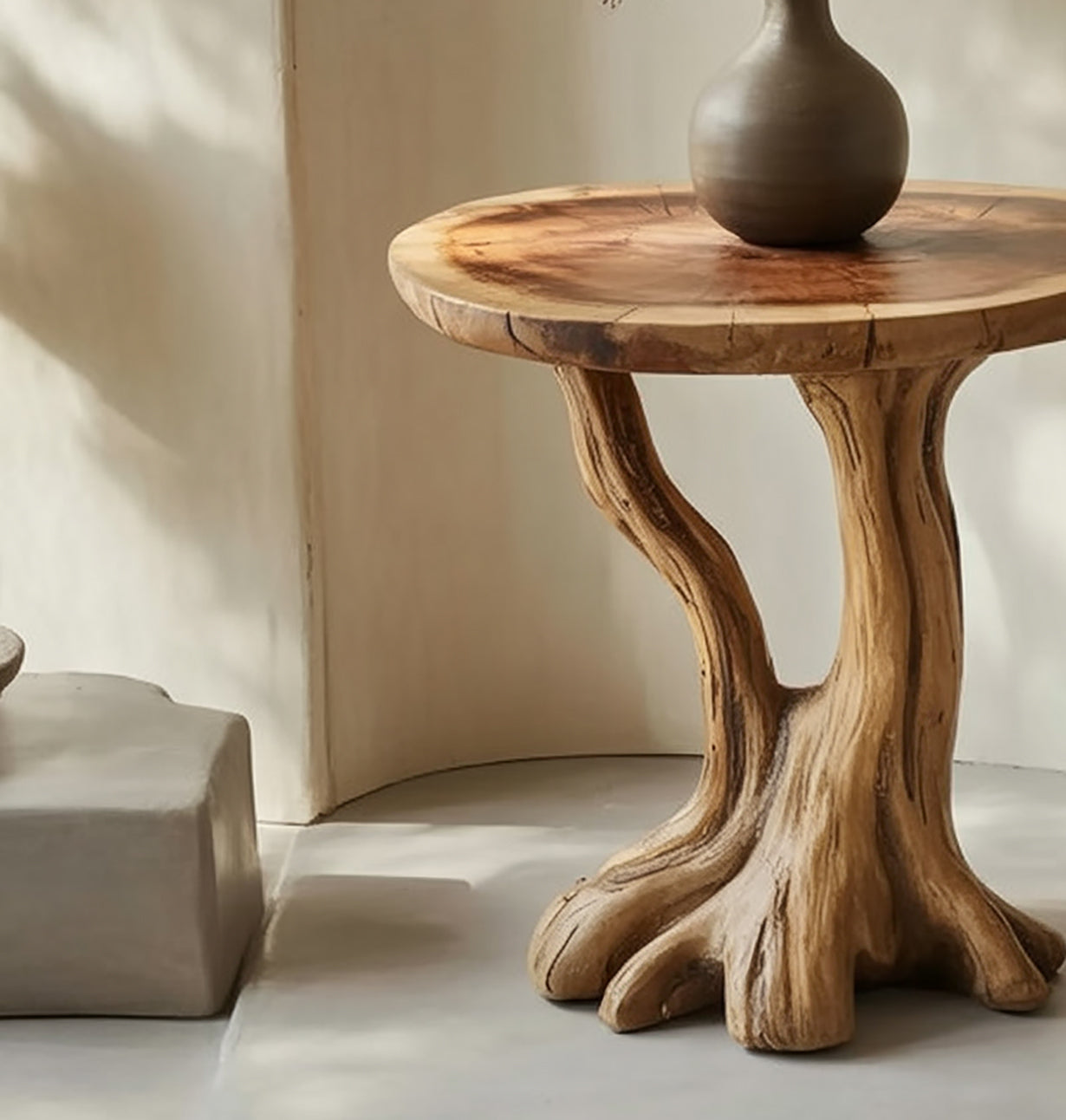 Organic wooden table with tree root base and round top holding a beige ceramic vase in minimal interior