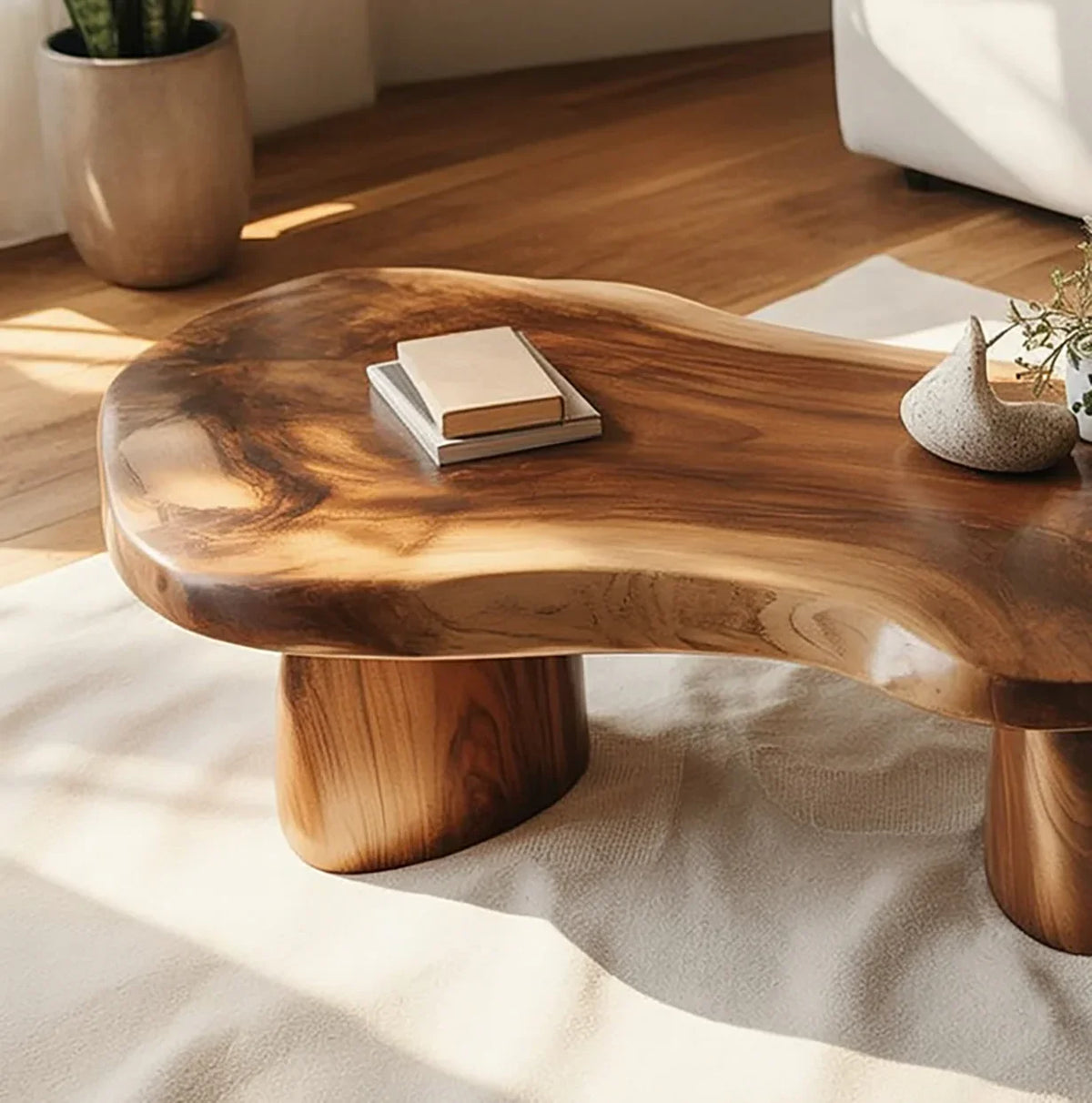 Live edge solid wood coffee table with natural grain, books on top, modern living room