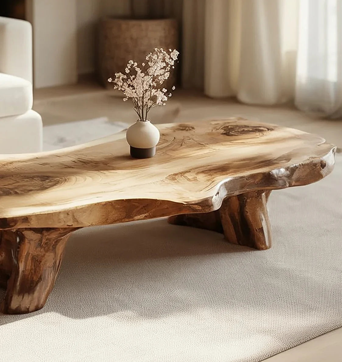 Live edge solid wood coffee table with natural finish and vase, in modern living room