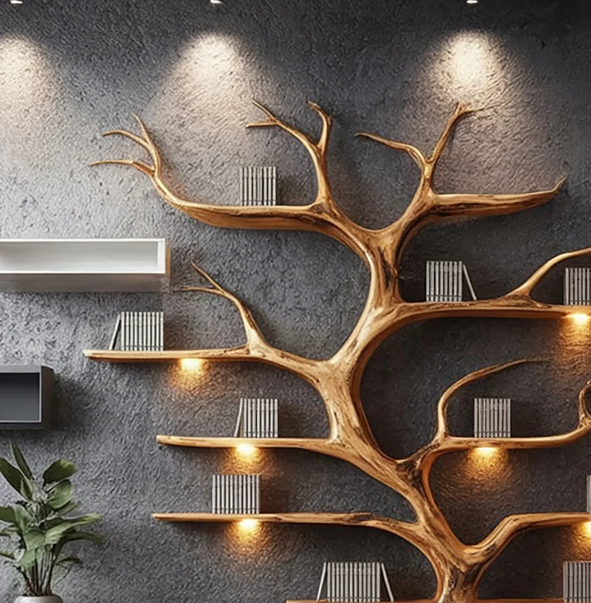 Tree branch wooden bookshelf with built-in lighting on textured wall, holding books.