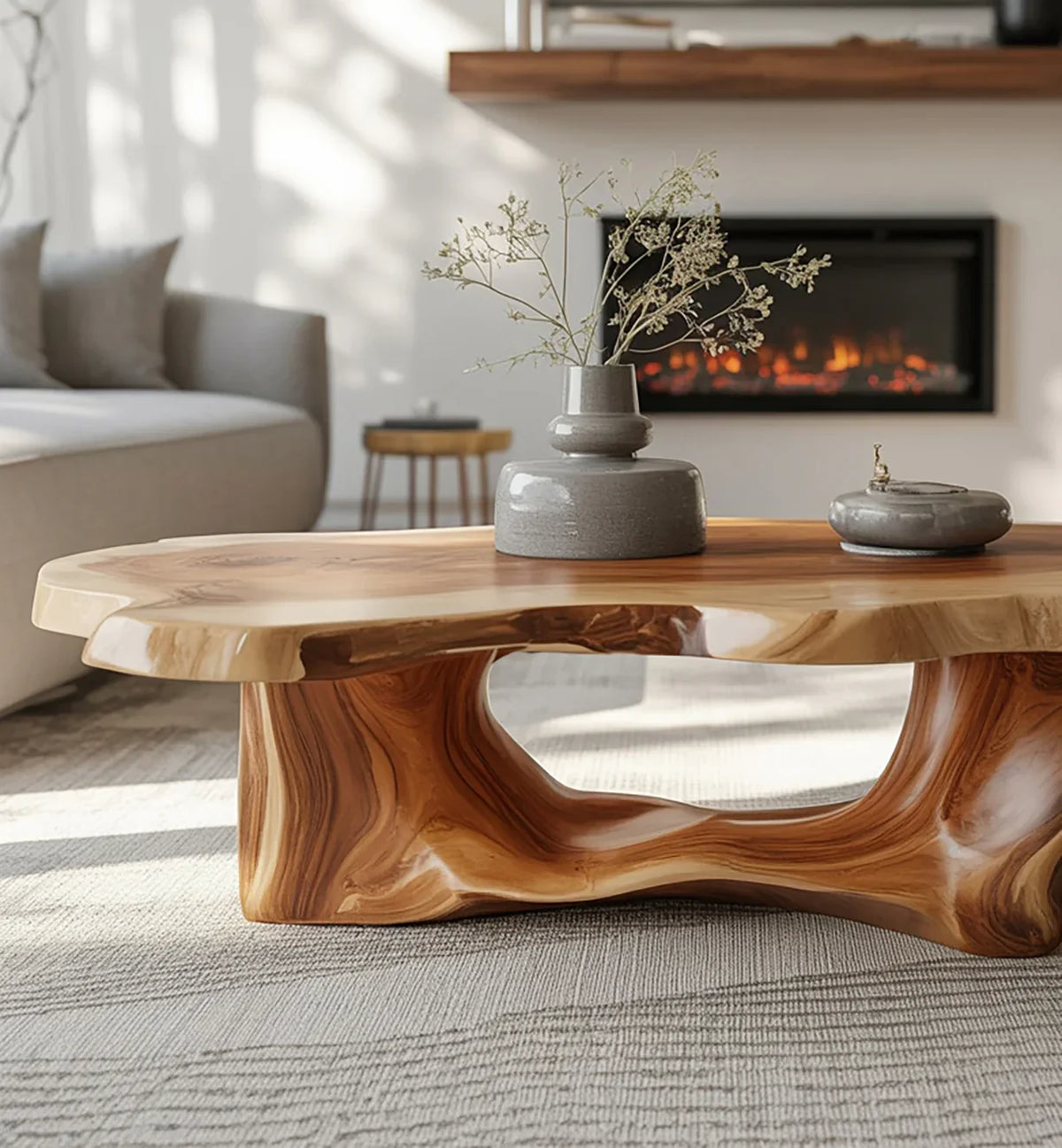 Modern living room with unique wooden coffee table, ceramic vase, and fireplace in background