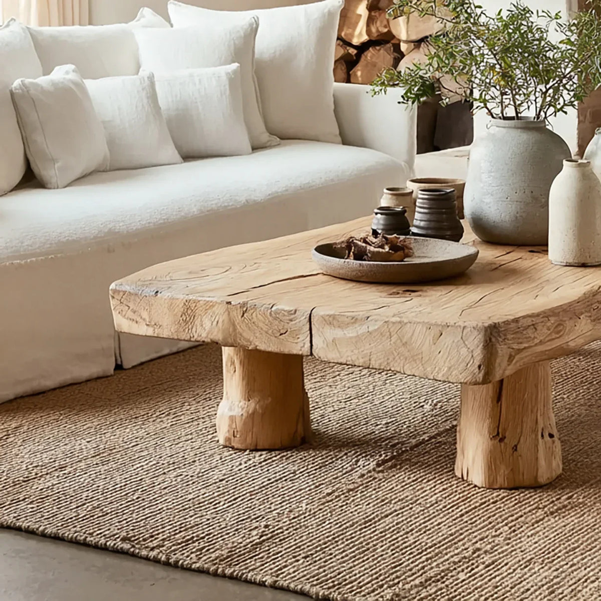 Solid wood live edge coffee table in a cozy living room with neutral decor and greenery