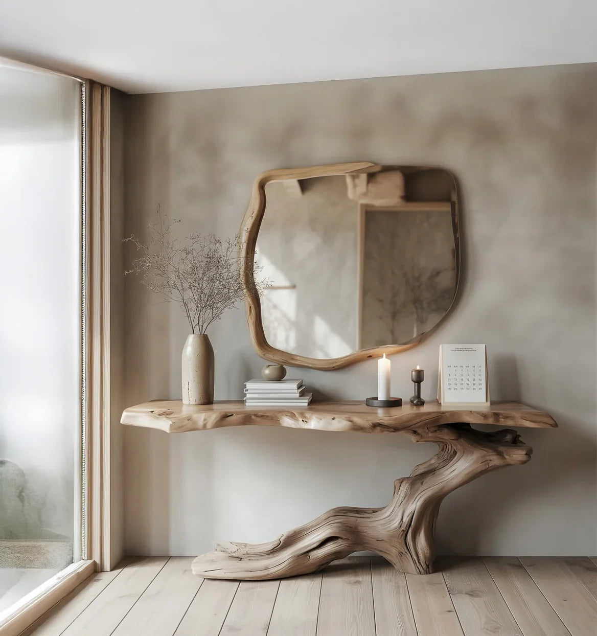 Minimalist wooden console table with natural branch base, decorative vase, candlesticks, and irregular mirror