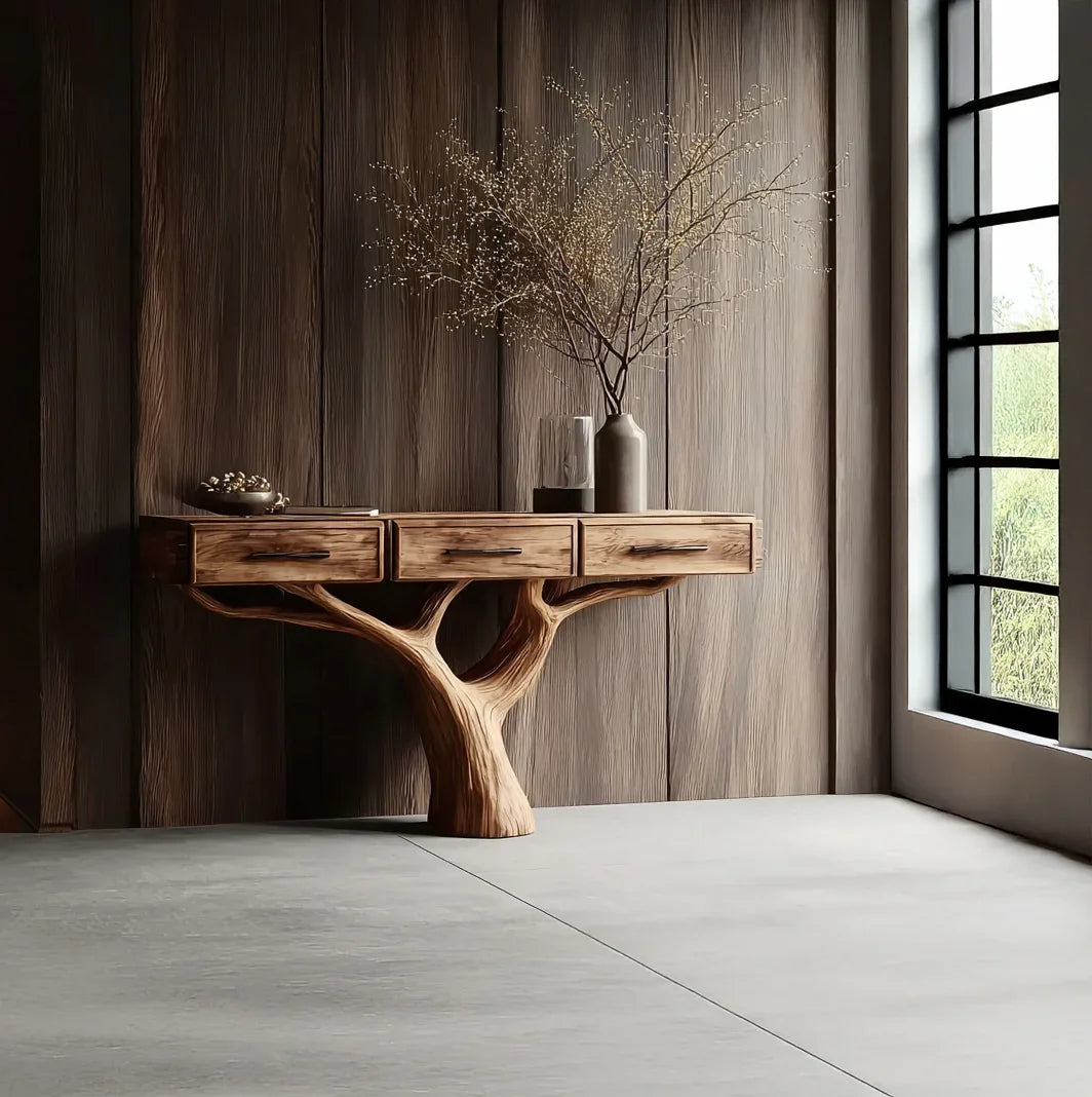 Live edge solid wood console table with tree branch base in modern room with vases