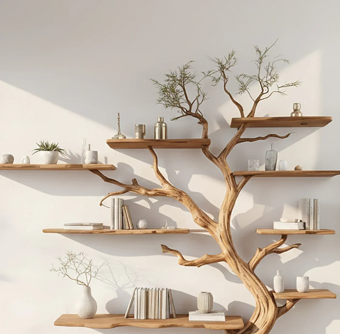 Decorative wooden tree with multiple shelves holding minimalist vases, books, and plants on white wall