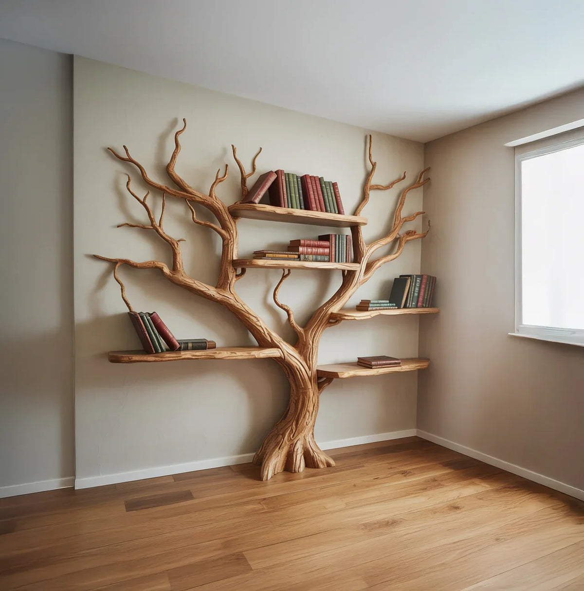 Solid wood tree bookshelf with books, floating shelves, and live edge design in modern room