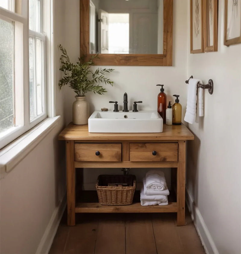 Solid wood bathroom vanity with vessel sink, black faucet, and natural décor accents