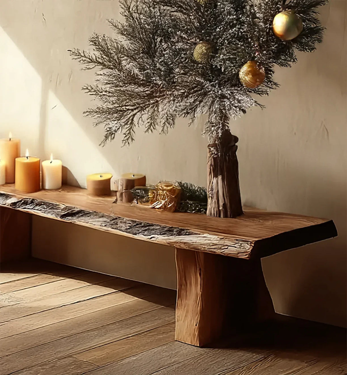 Live edge solid wood bench with candles and a decorated branch centerpiece