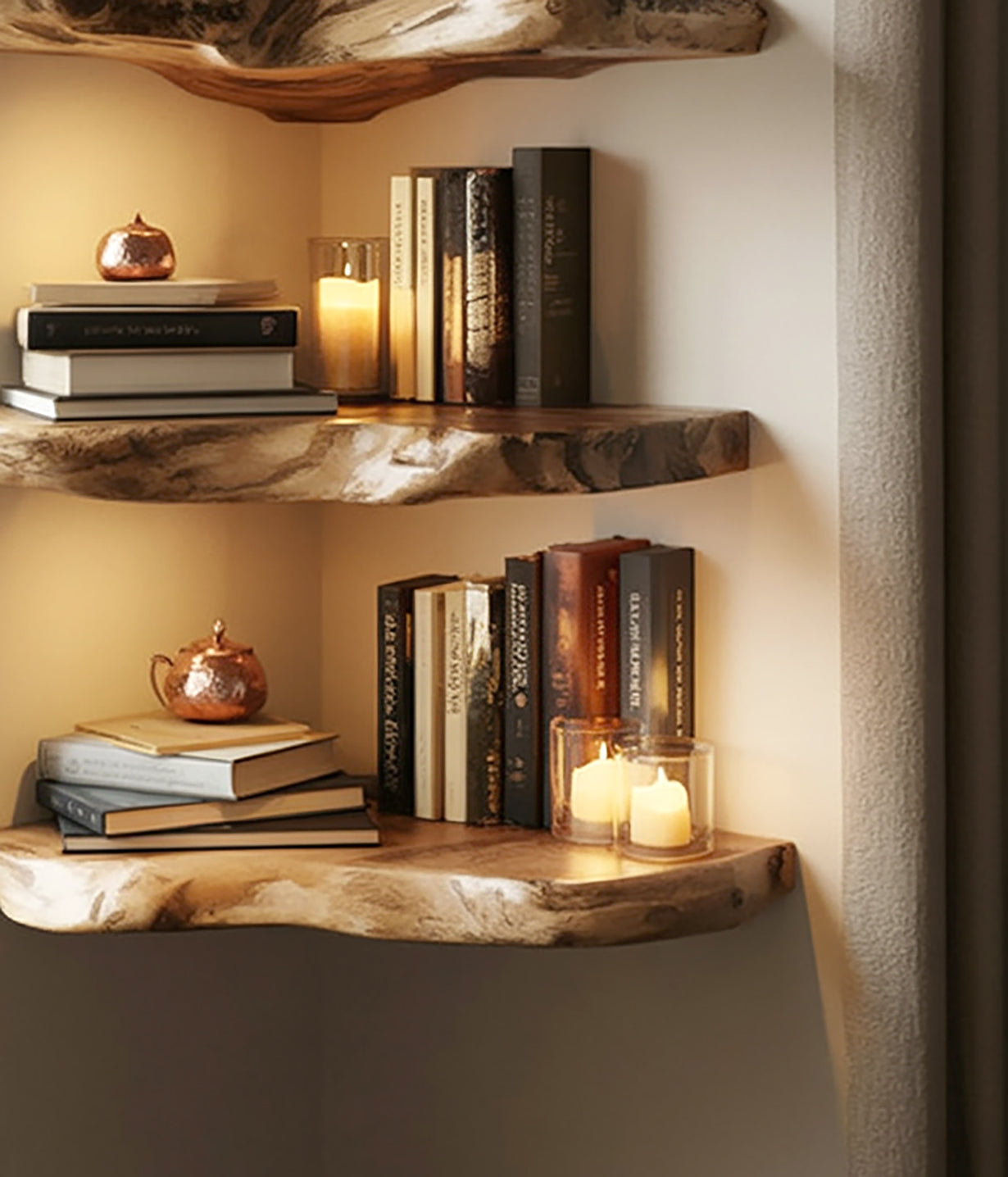 Rustic wooden corner shelves with books, candles in glass holders, and copper teapots for cozy home decor