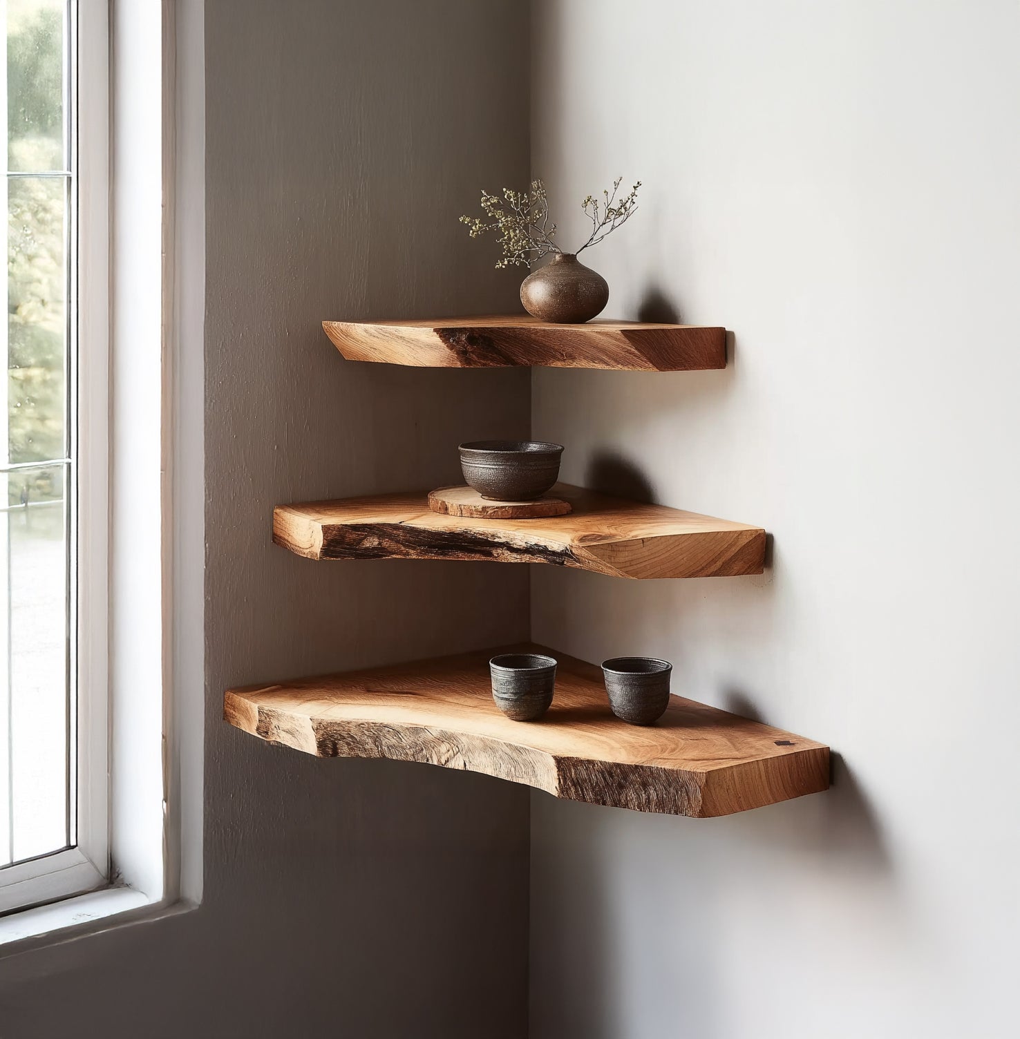 Floating natural wood corner shelves with rustic pottery and a vase by a window
