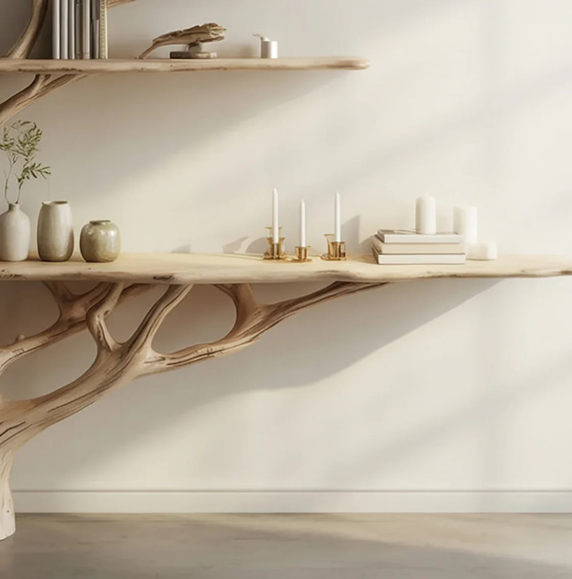 Live edge wooden tree bookshelf with floating shelves and minimalist decor, natural light.