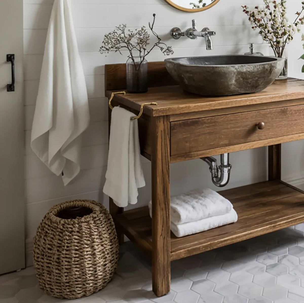 Solid wood bathroom vanity with stone vessel sink, woven basket, white towels and hex tile floor