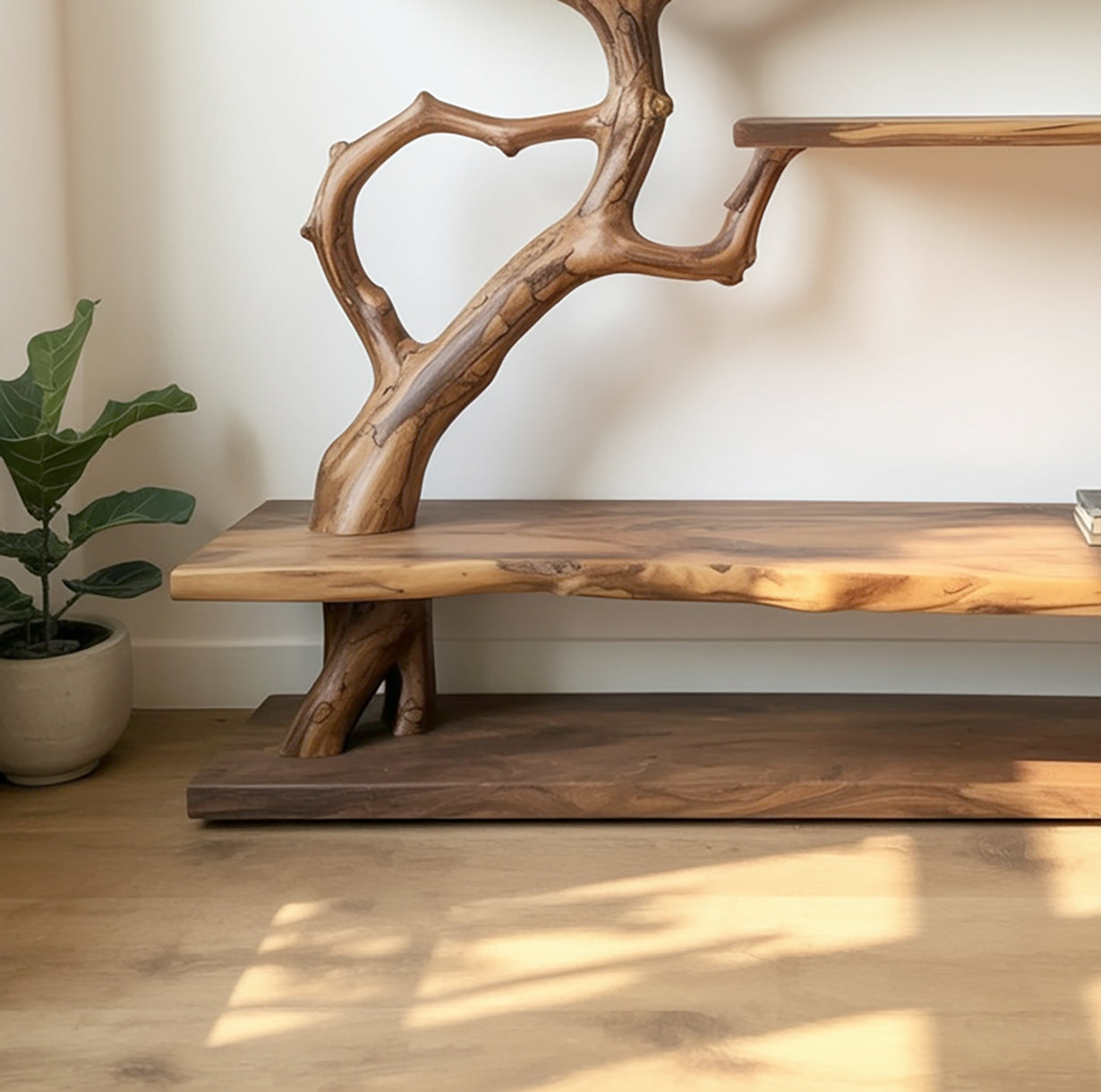 Natural live edge wood shelf with unique branch support and potted plant on wooden floor