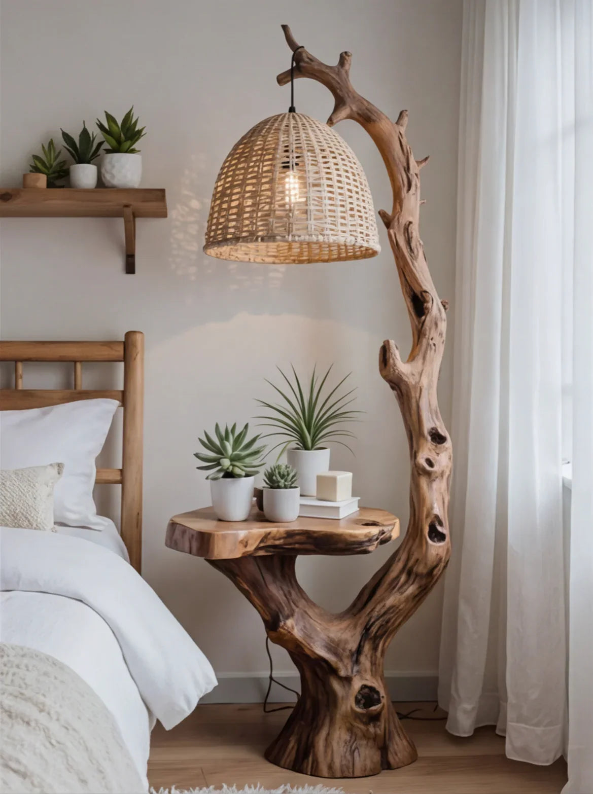 Live edge solid wood side table with tree branch base, woven lamp, and potted plants in a cozy bedroom setting.