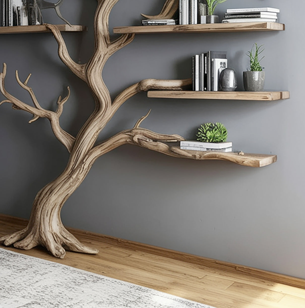 Solid wood tree bookshelf with floating shelves and decor on a gray wall