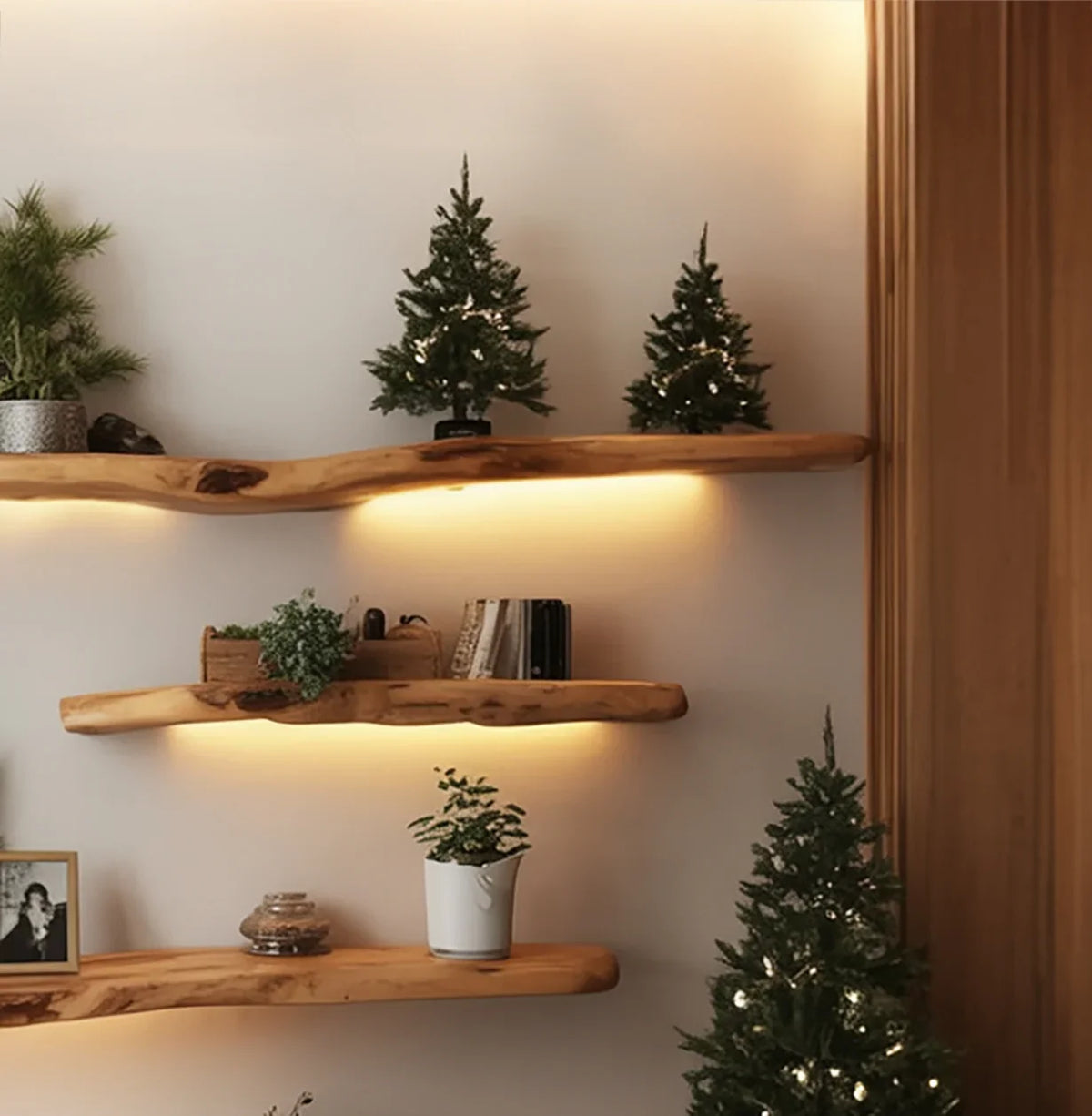 Wooden floating shelves with small lit Christmas trees, green plants, books, and warm ambient lighting