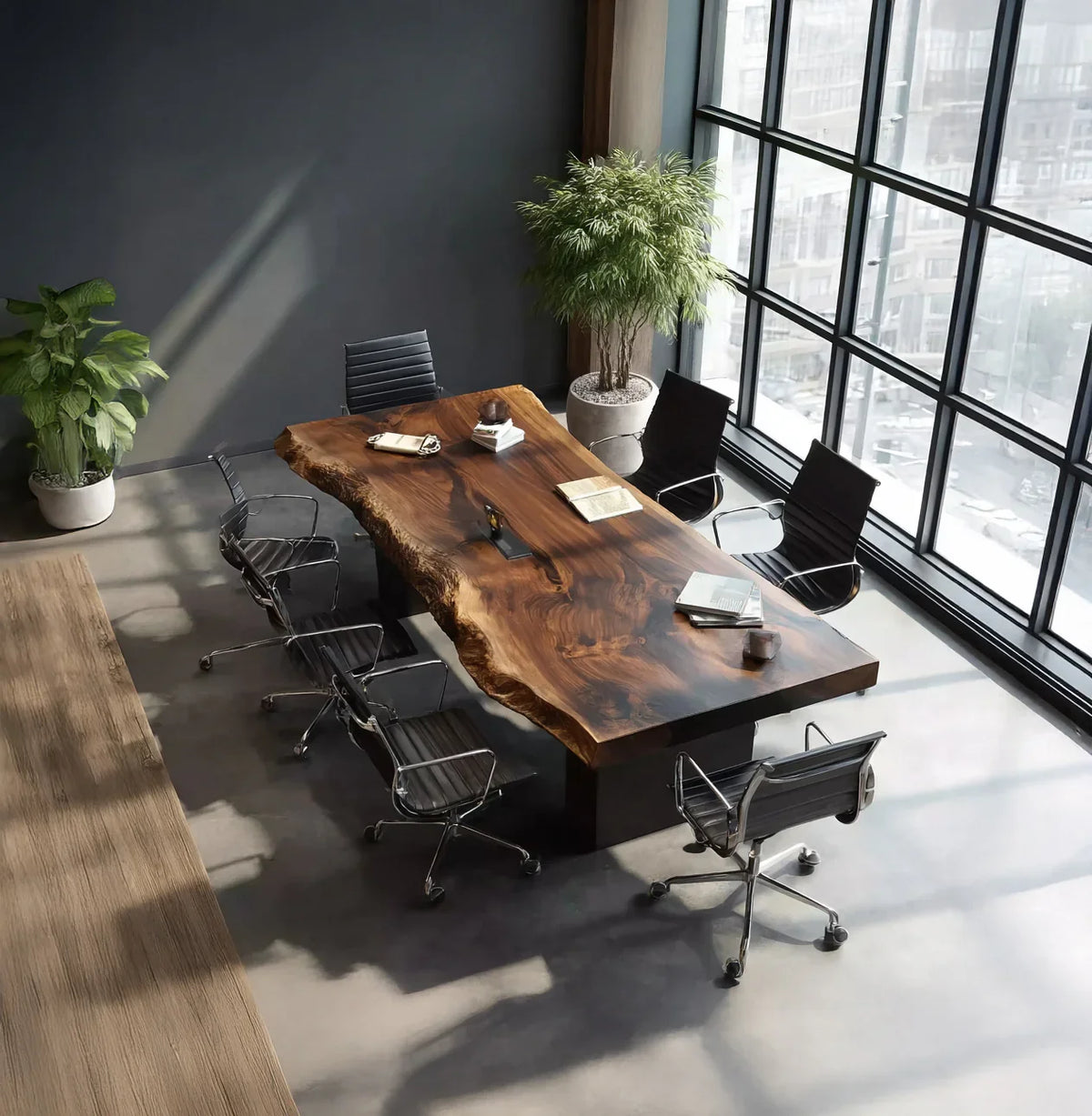 Live edge solid wood conference table in modern office with black chairs and potted plants