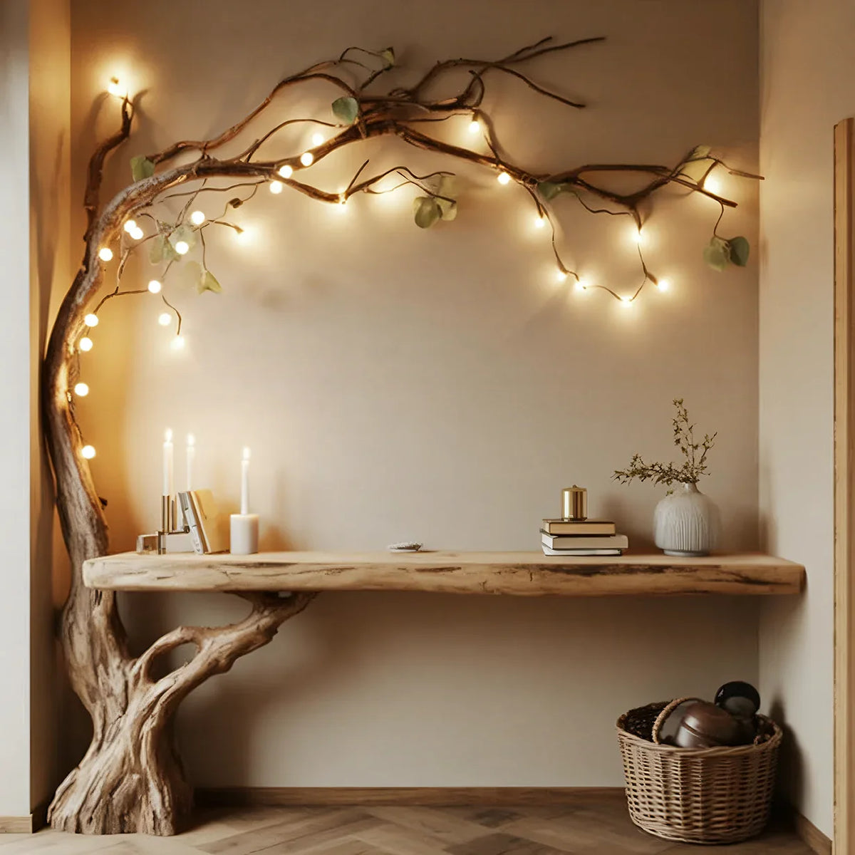 Live edge solid wood floating shelf with tree branch accents and string lights in modern interior