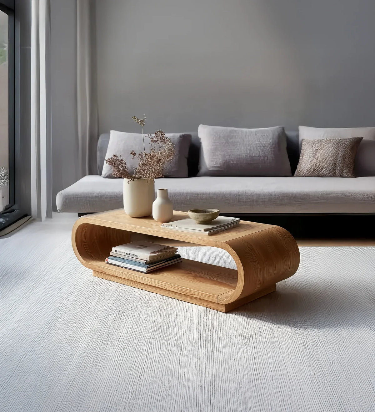 Modern living room with curved wooden coffee table, light gray sofa, and decorative vases