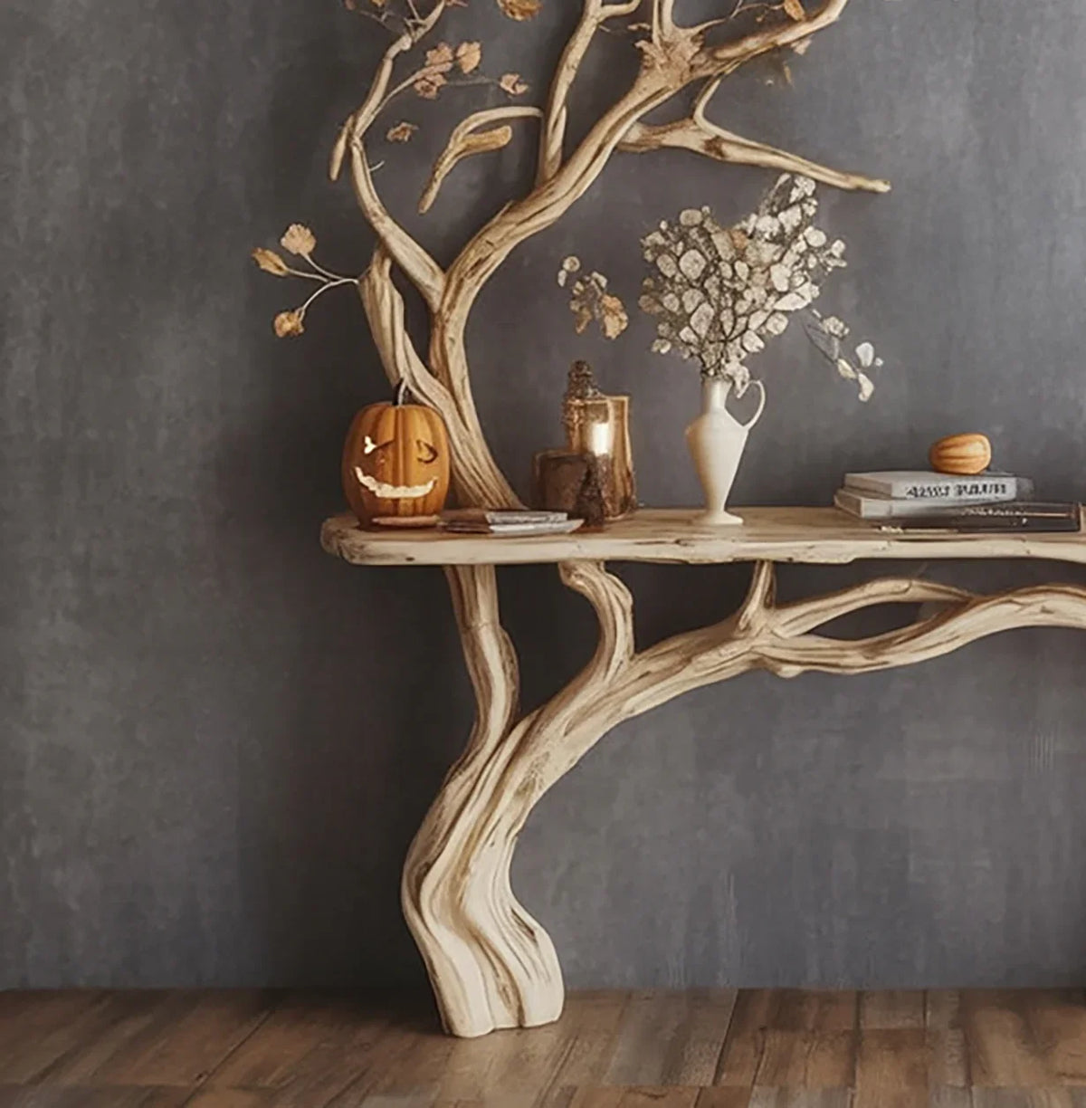 Rustic wooden tree-shaped console table with Halloween pumpkin, vases, books, and dried flowers on gray wall