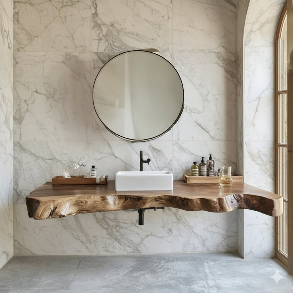 Modern bathroom with live edge wood countertop, white vessel sink, round mirror, marble walls, and natural light