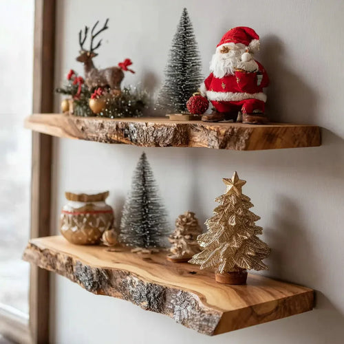 Rustic Live Edge Wooden Floating Shelf – Handmade Solid Wood Wall Shelf for Holiday Decor