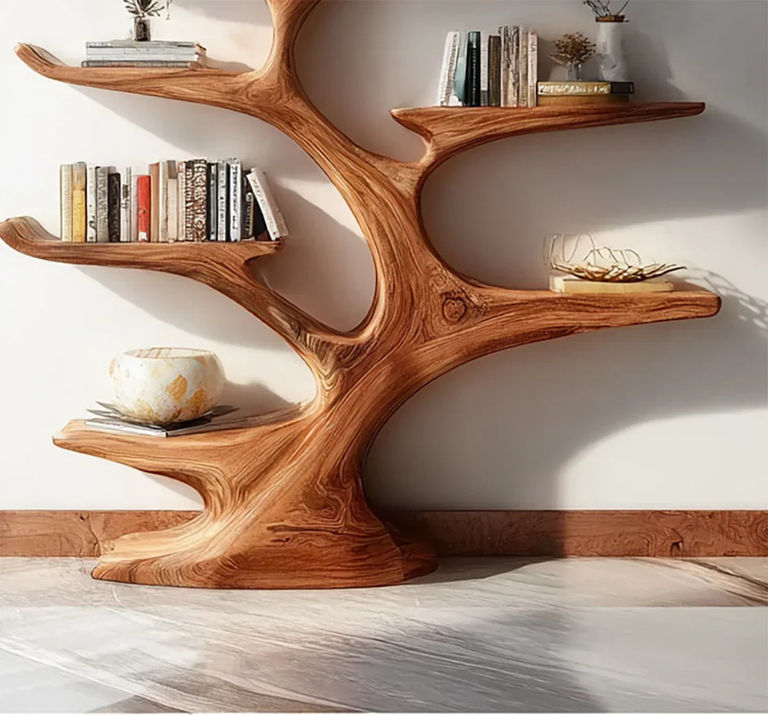 wooden tree-branch shaped bookshelf with books, decorative bowl, and vase in bright room