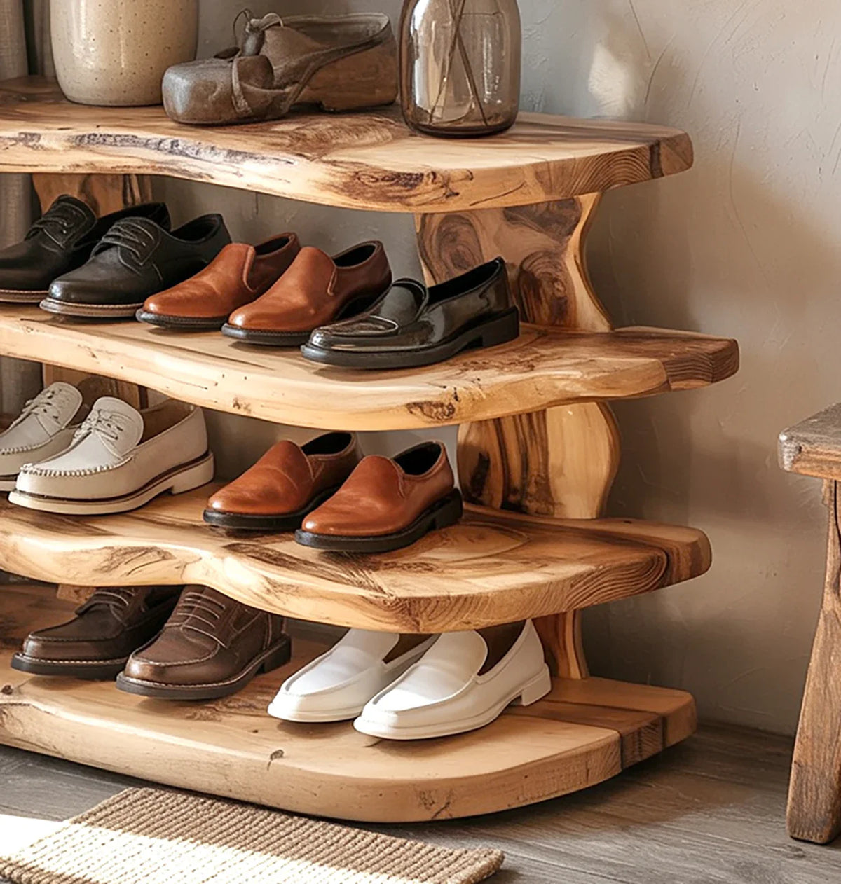 Rustic wooden shoe rack with men's leather dress shoes in black, brown, tan, and white on shelves