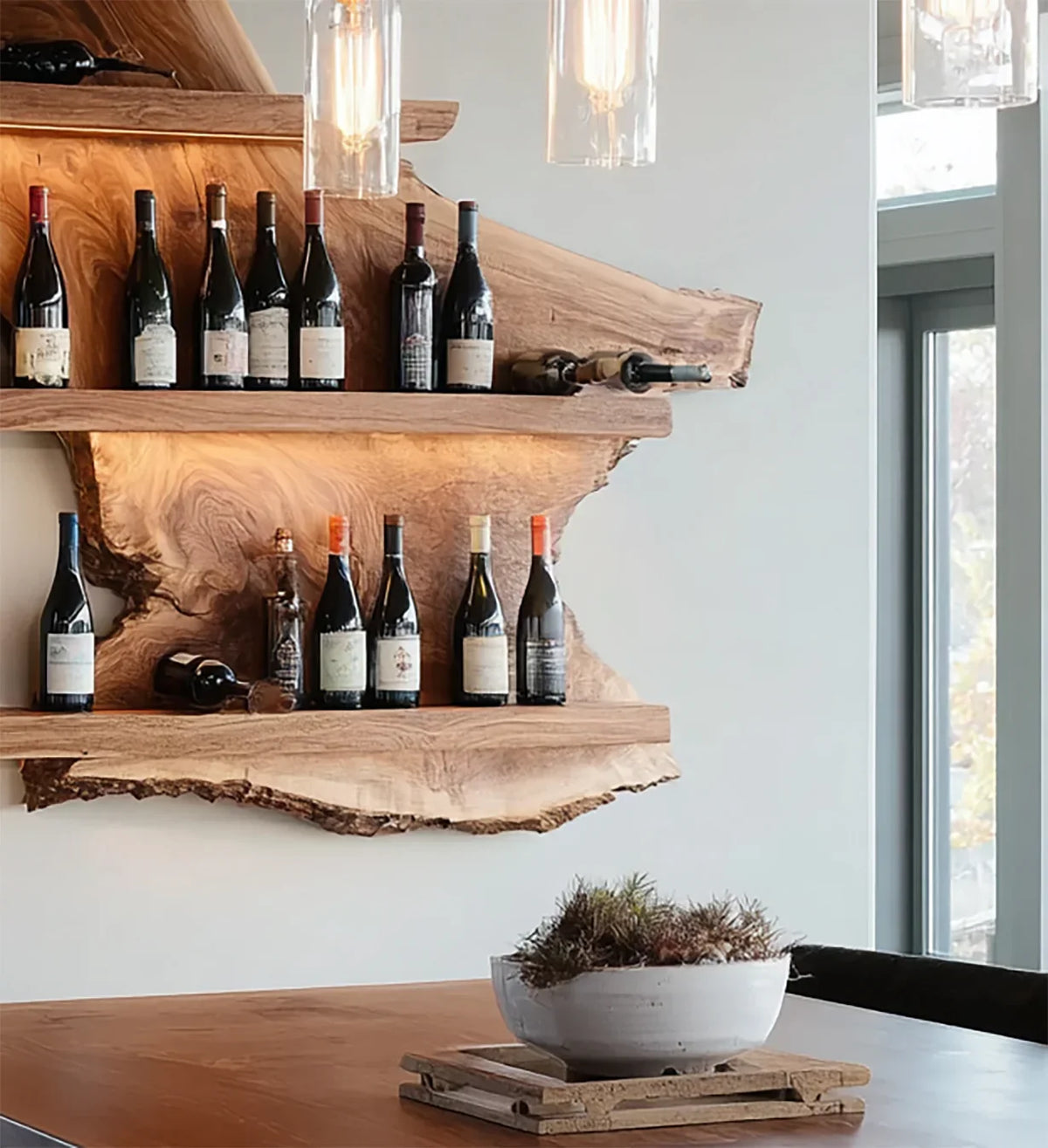 Modern wine display with rustic wooden shelves holding assorted wine bottles in bright dining room