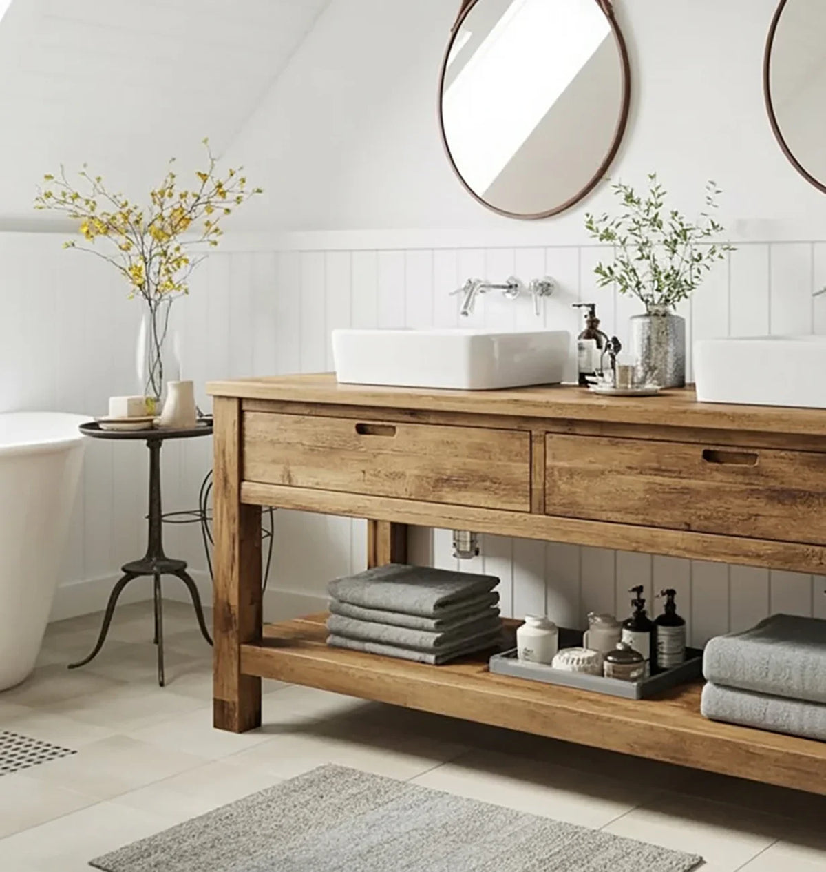 Modern rustic bathroom with wooden double vanity, white vessel sinks, round mirrors, and decorative vases