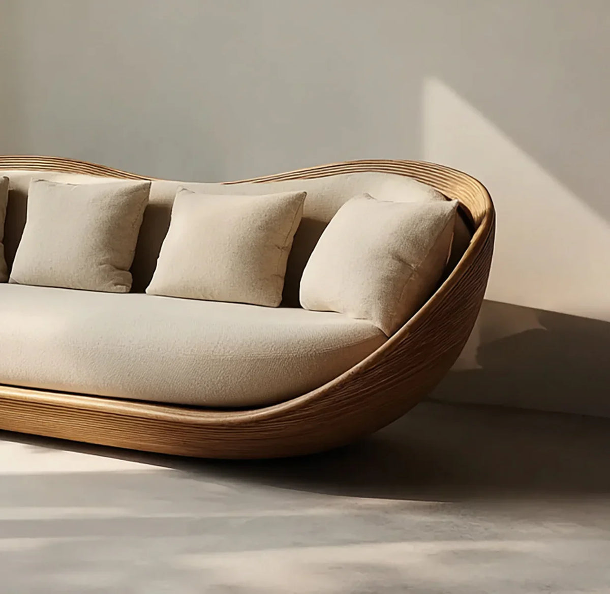 Modern beige sofa with wooden frame and soft cushions in minimal sunlit room