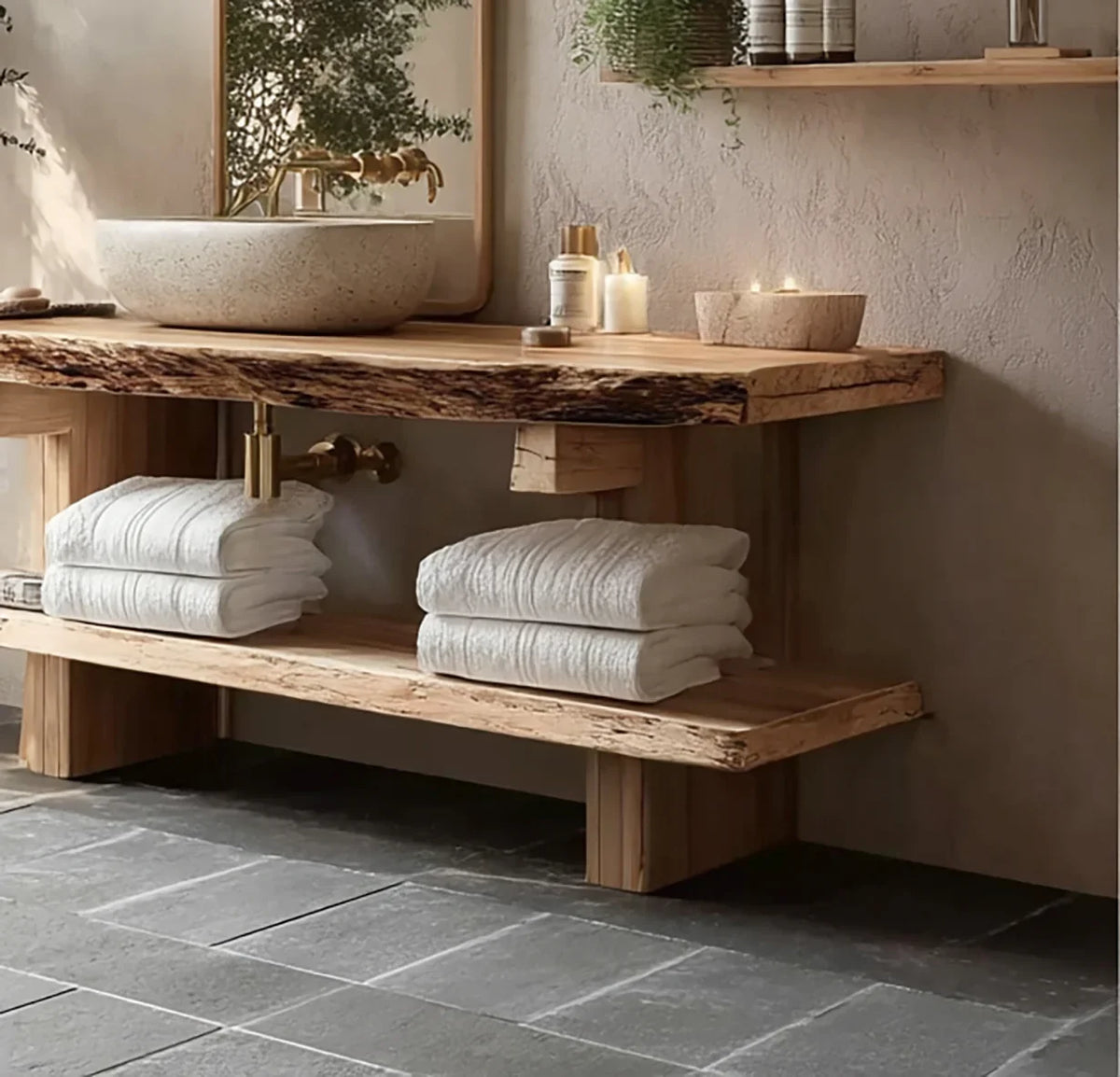 Rustic bathroom vanity with natural wood countertop, stone vessel sink, brass faucet, and white towels