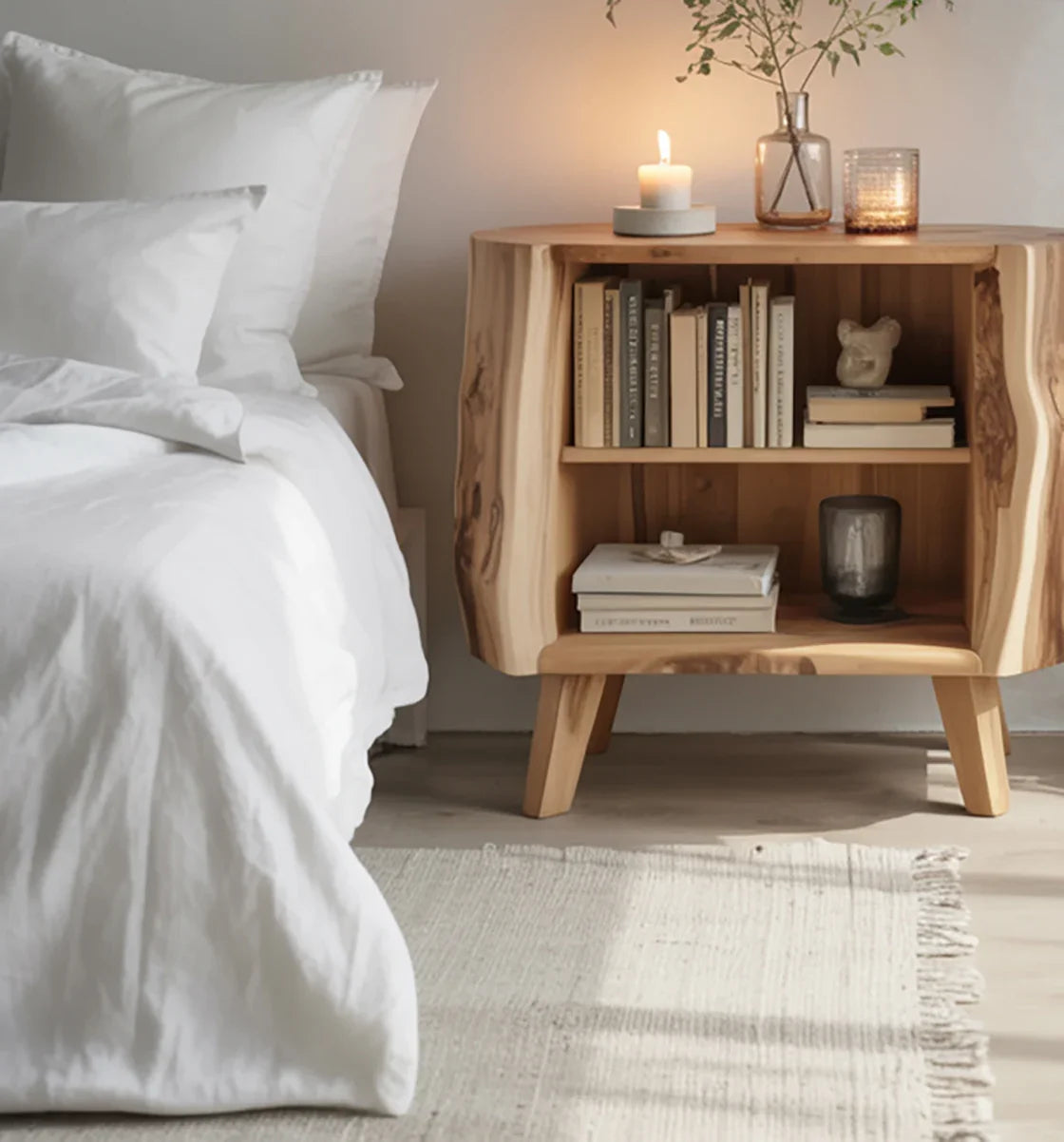 Minimalist bedroom with white bedding and wooden nightstand holding books, candles, and vase