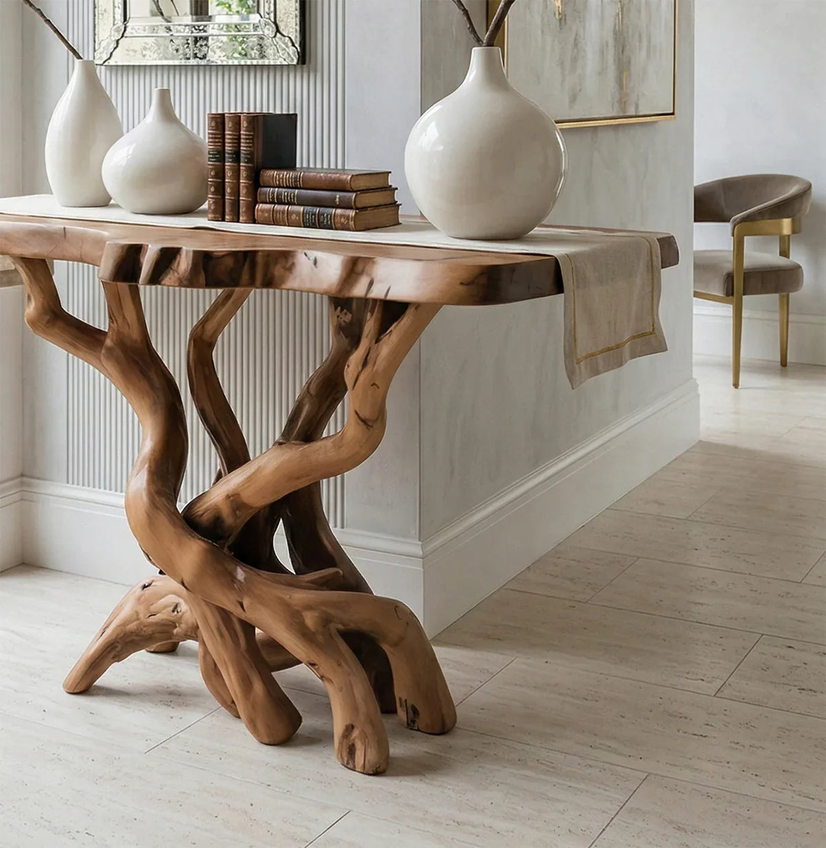 Live edge solid wood console table with organic twisted base, ceramic vases, and books in a modern living room