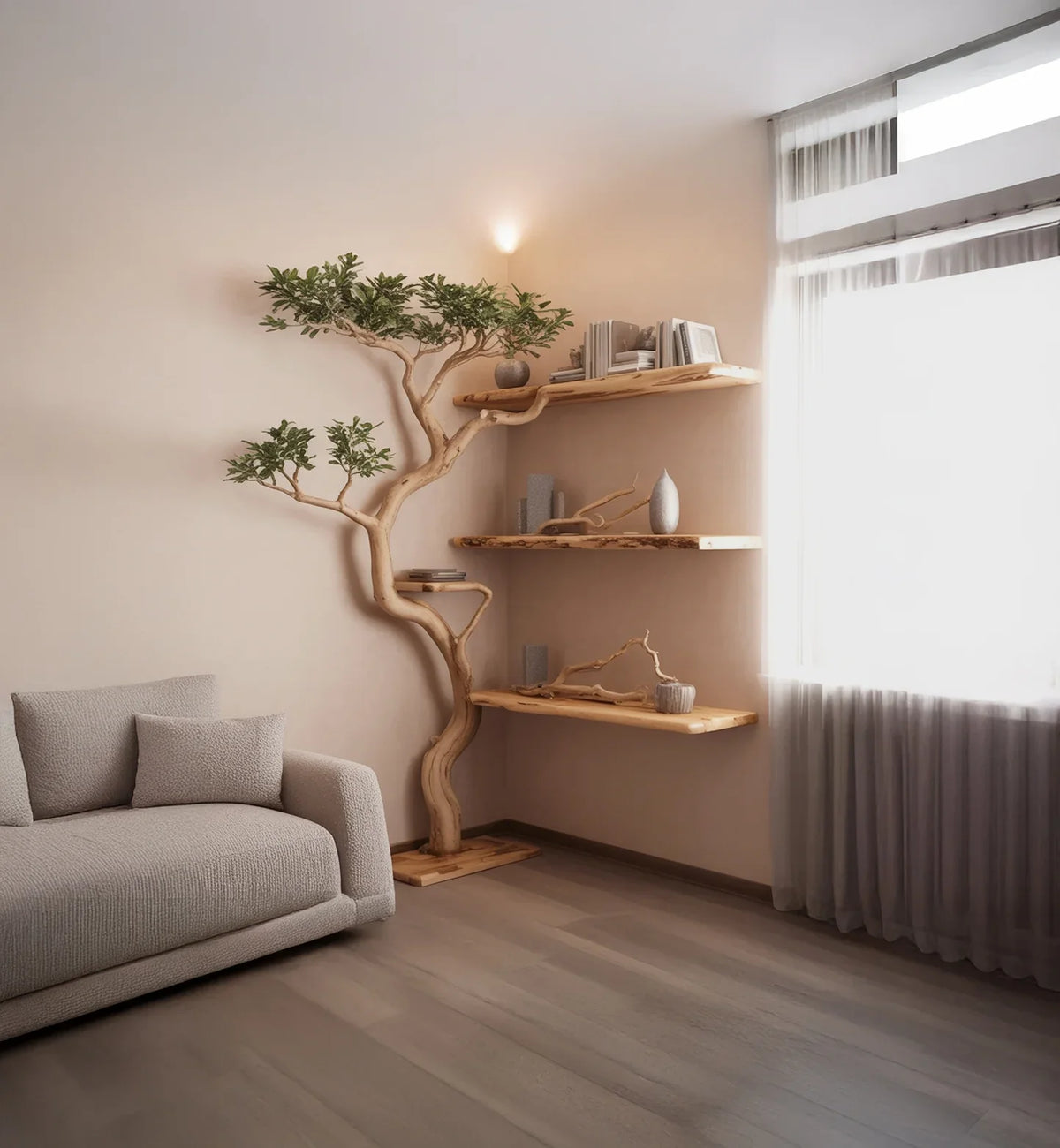 Minimalist living room with beige sofa, wooden tree bookshelf, and sheer curtains by a bright window