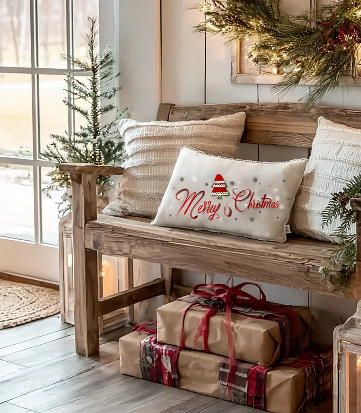 Rustic wooden bench with Christmas pillows, small tree, wrapped gifts, and festive wreath