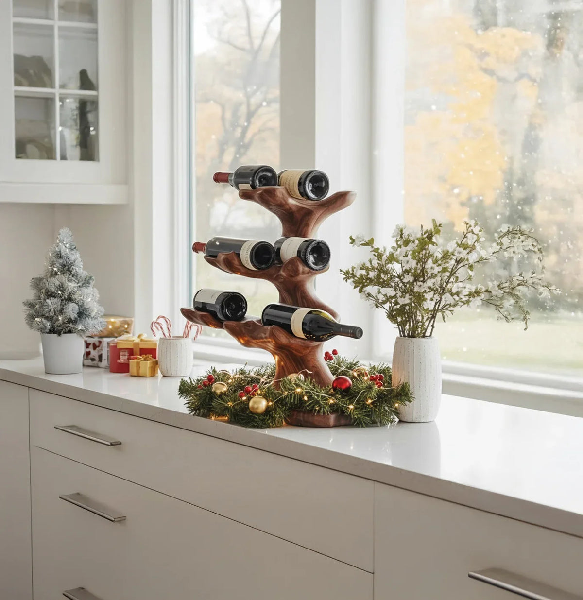 Modern kitchen countertop with wooden wine rack holding bottles, holiday wreath, small Christmas tree, and decorative plants