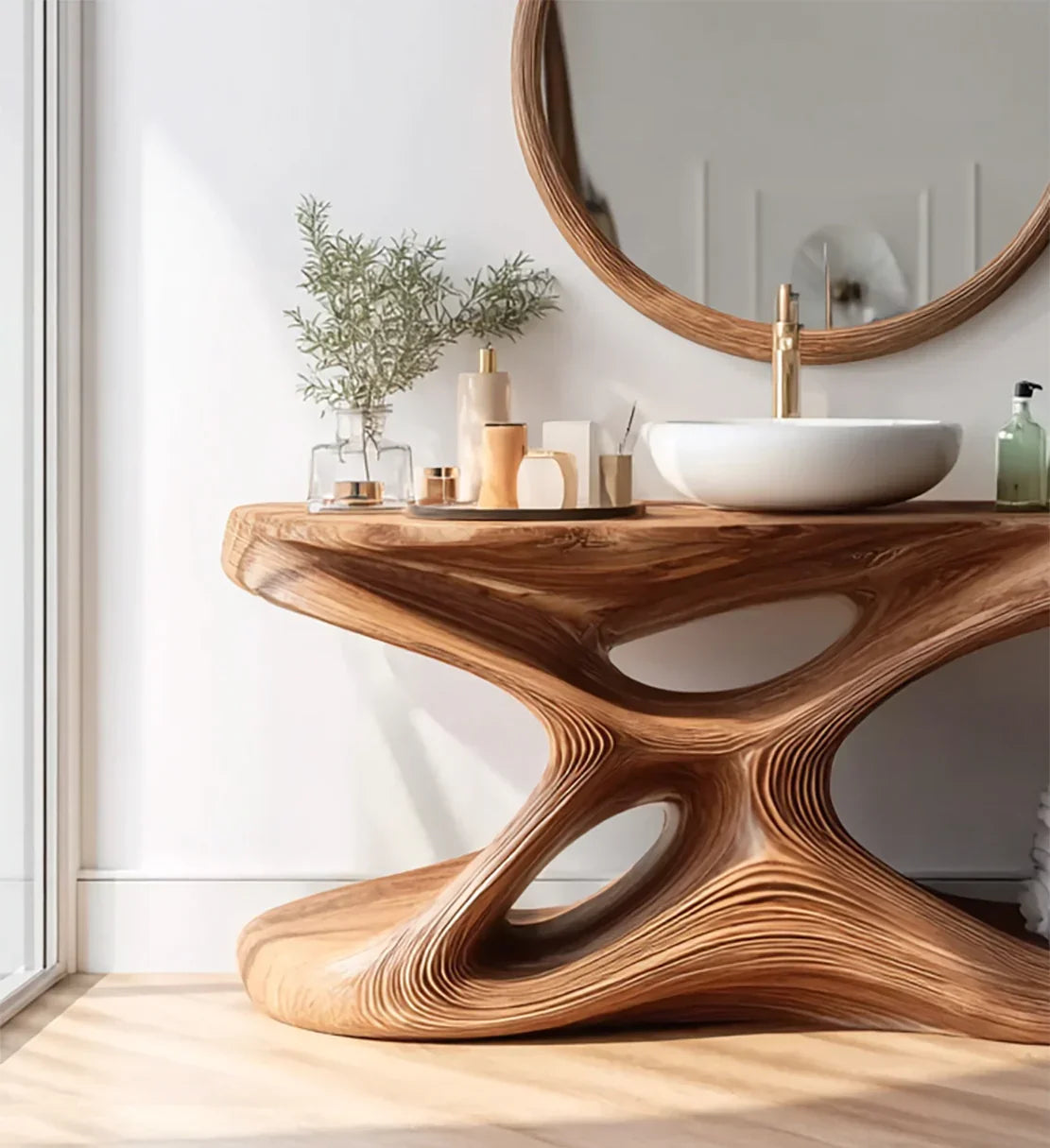 Modern bathroom with sculptural wooden vanity, round mirror, white vessel sink, and decor