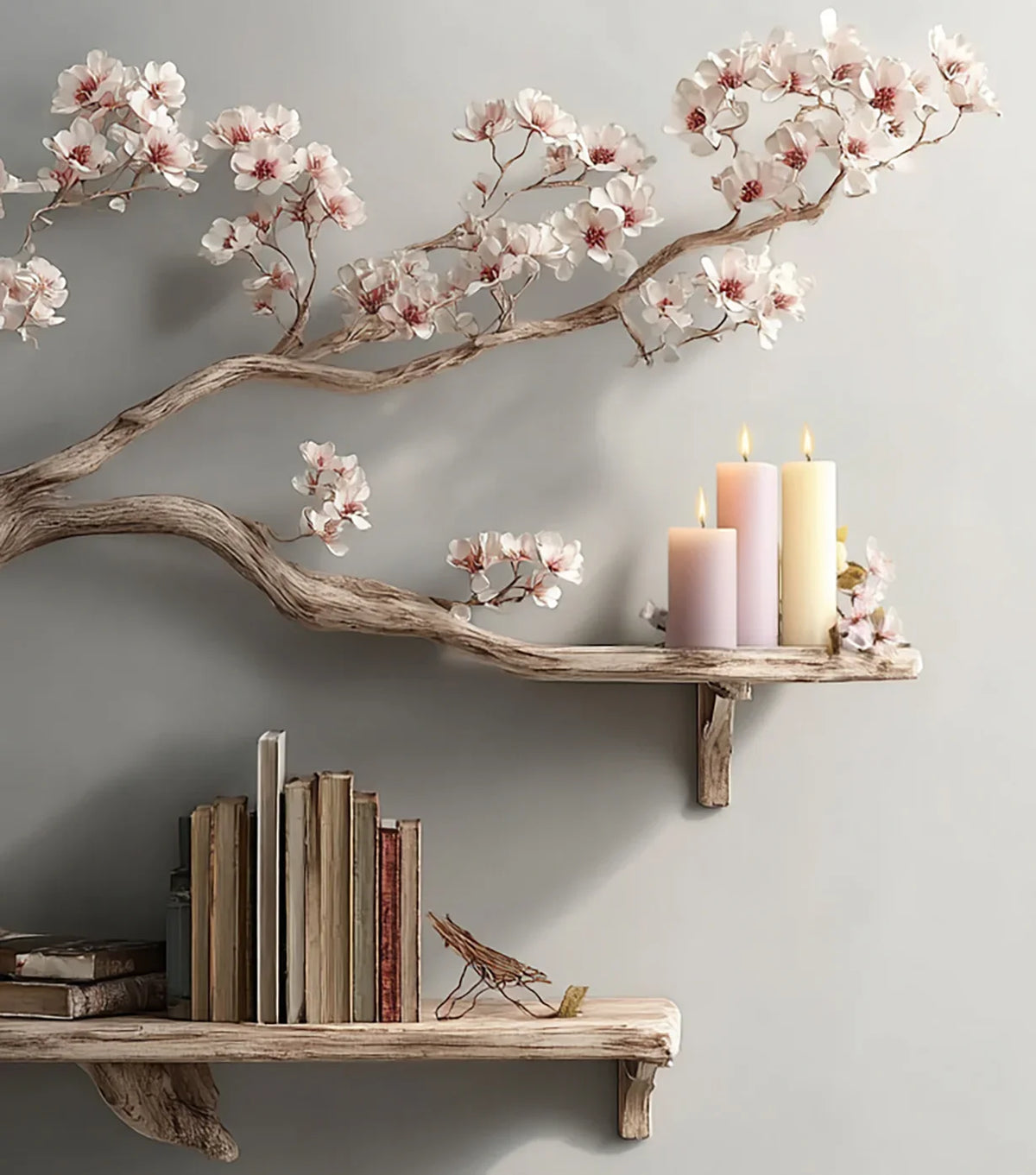 Live edge floating wooden shelves with cherry blossom branches, candles, and books