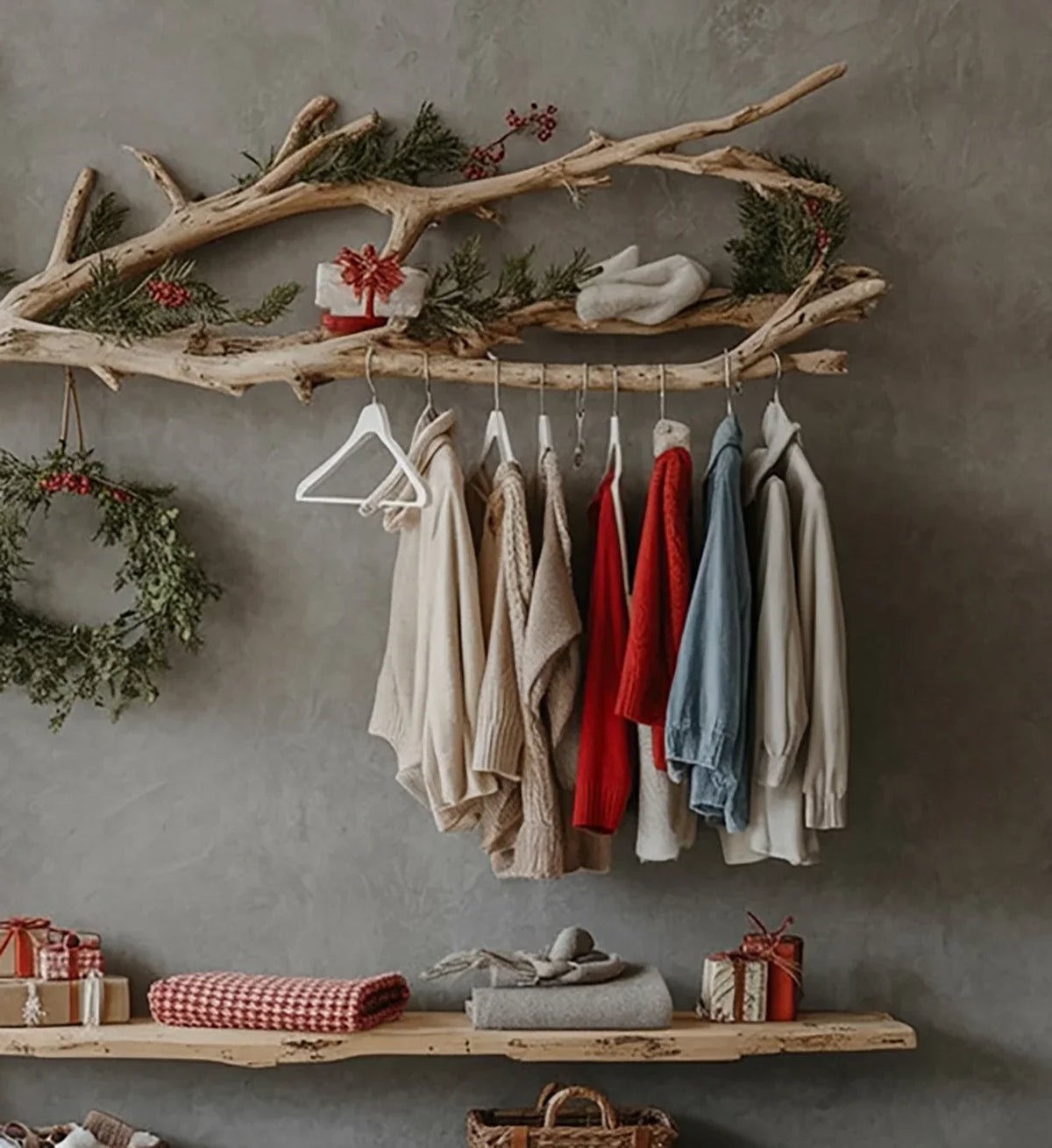 Rustic wooden branch clothes rack with winter sweaters, holiday wreath, and wrapped gifts