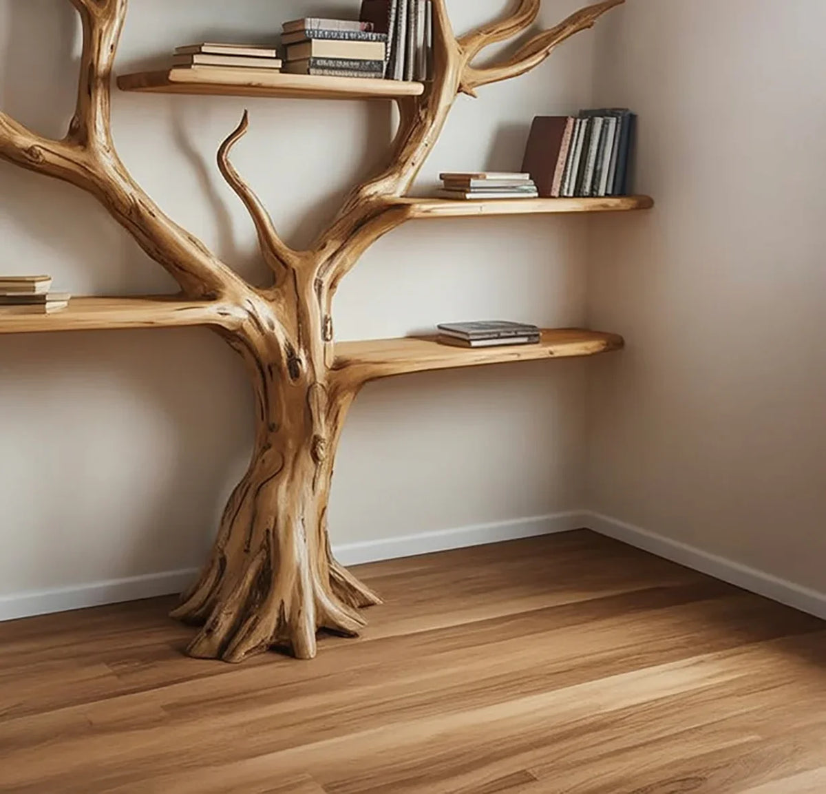 Tree-shaped solid wood bookshelf with floating shelves and books in a minimalist room
