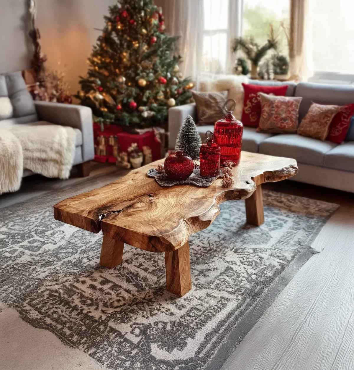 Rustic live edge wooden coffee table with red Christmas ornaments and miniature tree, holiday living room