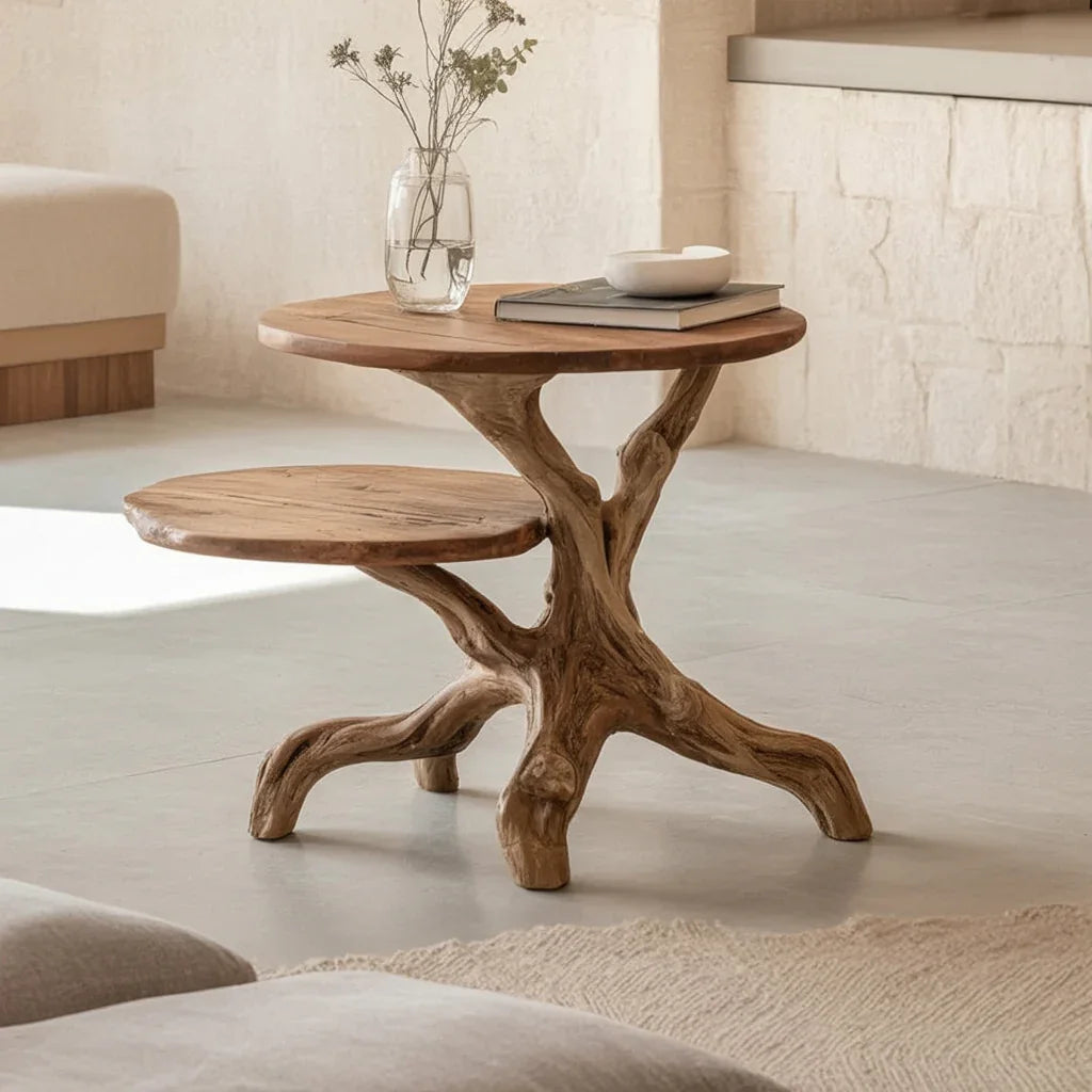 Live edge solid wood coffee table with tree branch legs in a modern living room