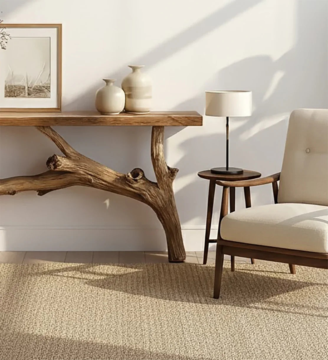 Modern living room corner with natural wood console table, ceramic vases, side table, lamp, and beige upholstered chair