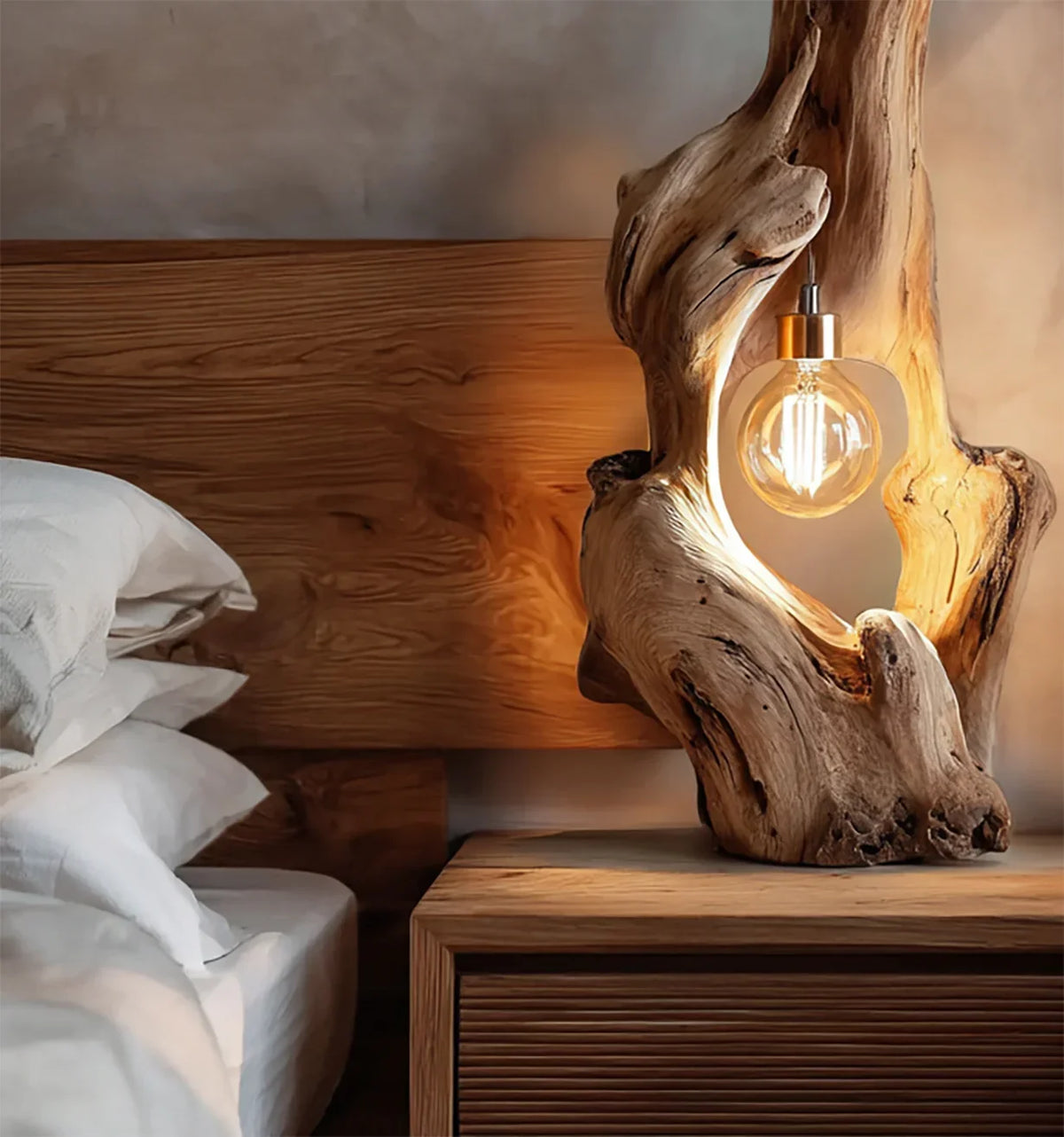 Rustic bedroom with wooden bed, driftwood lamp on wooden nightstand, warm ambient lighting