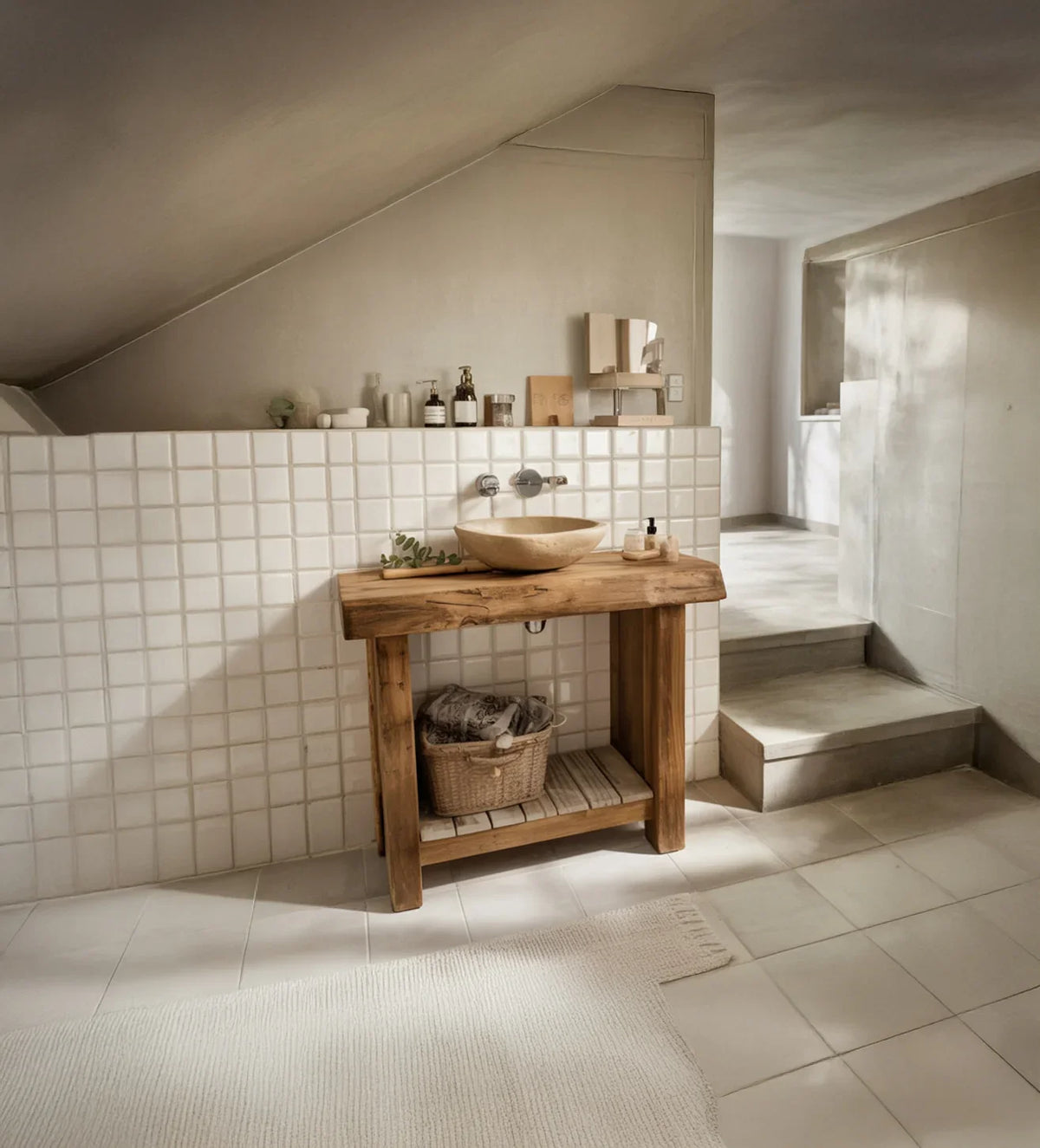 Minimalist rustic bathroom with wooden vanity, stone sink, white tiles, and natural light